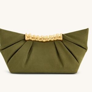 Leia Pleated Clutch - Dark Olive JW PEI Olive Green Clutch with Gold Detail